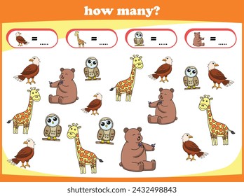 Kids game Counting wild animals. Learn to count. Vector illustration