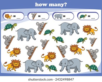 Kids game Counting wild animals. Learn to count. Vector illustration