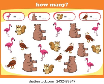 Kids game Counting wild animals. Learn to count. Vector illustration