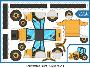 Kids game. Cut and glue the 3d tractor. Children art page. Diy a paper toy. Worksheet with education riddle. Kids crafts activity page. Birthday party decor with construction vehicles. 