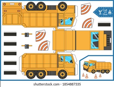 Kids game. Cut and glue the 3d construction truck. Kids crafts activity page. Children art page. Diy a paper toy. Worksheet with education riddle.  Birthday party decor with construction vehicles.