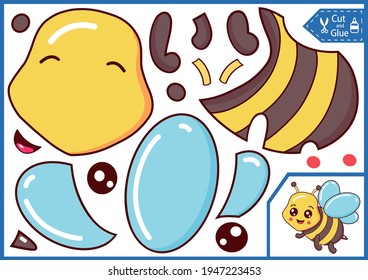 Kids game. Cut and glue the paper toy a cute bee. Craft activity art page. Worksheet with education riddle. Vector illustration.