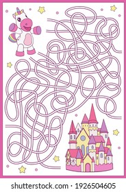 Kids Game With Cute Unicorn. Maze And Puzzle Worksheet With Cartoon Character Go To Castle. Activity Page For Children. Educational Riddle. Vector Illustration.