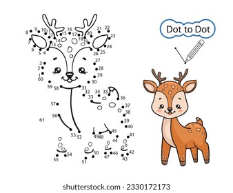 Kids game Dot to dot. Activity education worksheet. Kids art game. Finish drawing image of cute deer. Children drawn riddle by numbers. Vector illustration.