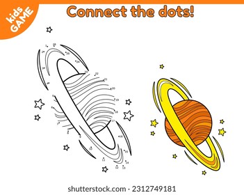 Kids game Dot to dot. Connect the dots, draw cartoon Saturn and rings in space. Coloring sheet. Page of activity book for kids. Puzzle for preschool and school children. Vector planet of solar system.