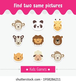Kids game for educational activity preschool children with find two same pictures vector illustration