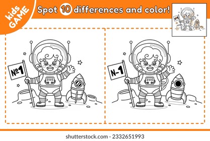 Kids game Find 10 differences. Spot differences and color the picture. Coloring page on space theme. Cartoon astronaut girl on Moon. Cute spacewoman. Puzzle for education children. Vector outline.