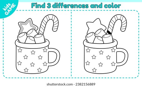 Kids game Find 3 differences. Cartoon christmas cocoa mug with gingerbread, marshmallow and candy cane. Coloring page with New Year cup. Educational holiday game for children. Black and white vector.