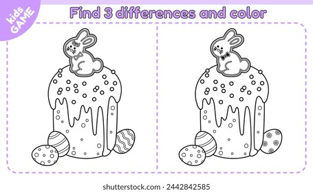 Kids game Find the 3 differences with cartoon Easter cake. Spot the differences. Educational worksheet for children. Traditional holiday baking with gingerbread rabbit, painted eggs. Vector outline.