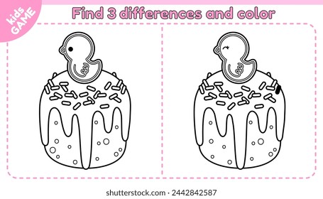 Kids game Find the 3 differences with cartoon Easter cake. Spot the differences. Educational riddle for children. Traditional holiday baking with gingerbread chick, painted eggs. Vector outline design