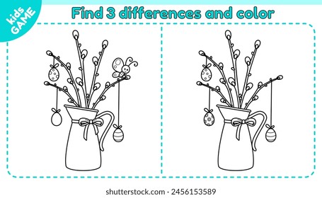 Kids game Find 3 differences. Cartoon jug with pussy willow. Willow branches decorated with Easter eggs. Spot the differences. Puzzle for children. Outline vector illustration of the Easter decoration