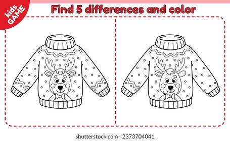 Kids game Find 5 differences with cartoon Christmas ugly sweater. Compare holiday New Year jumper with deer. Spot different details. Coloring page for children. Black and white outline vector design.