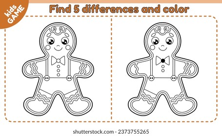 Kids game Find 5 differences with cartoon Christmas gingerbread man. Compare new year cookies and spot different details. Coloring page. Educational game for preschool children. Outline vector design.