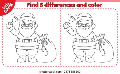 Kids game Find 5 differences with cartoon happy Santa Claus ringing bell with a bag of gifts. Compare cute merry Christmas characters and spot differences. Black and white outline vector design.