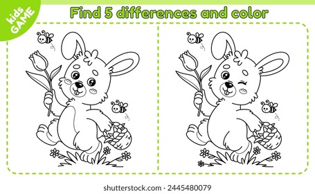 Kids game Find 5 differences. Rabbit brings basket with Easter eggs. Cute hare carries a tulip in his paw. Spot the differences. Educational puzzle with cartoon animal for children. Vector outline.