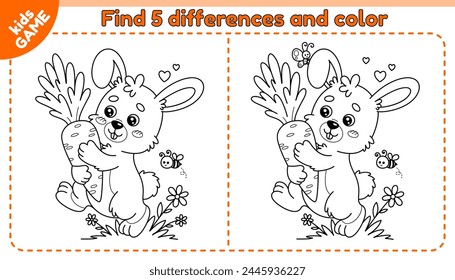 Kids game Find 5 differences with rabbit carries big carrot. Cute hare brings carrot. Spot the differences. Educational activity book. Vector outline puzzle with cartoon animal for education children.