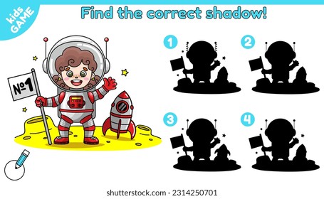 Kids Game. Find the correct shadow. Education puzzle for preschool and school children. Page of activity book. Cartoon astronaut girl with rocket on moon. Spaceman in space. Vector cosmos illustration