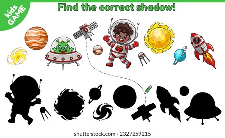 Kids Game. Find the correct shadow. Puzzle for preschool and school education. Activity book for children. Cartoon astronaut afro boy, alien, planets and other. Vector illustrations on space theme.