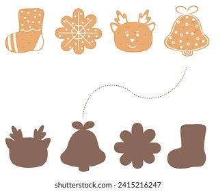 Kids game find the correct shadow with xmas gingerbread