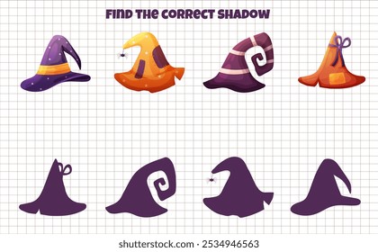 Kids game find the correct shadow with halloween witch hats