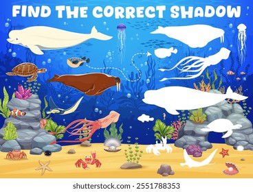 Juego de niños para encontrar la sombra correcta de los animales marinos bajo el agua, hoja de trabajo de prueba de Vector. Juego de rompecabezas para encontrar y emparejar la misma sombra de dibujos animados divertidos peces submarinos, delfines y calamares con tortuga en el océano