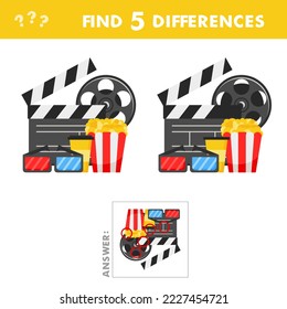 Kids game find differences. Cinema icons set, vector illustration. Popcorn, soda or coffee, 3D glasses, movie clapper and reel on white