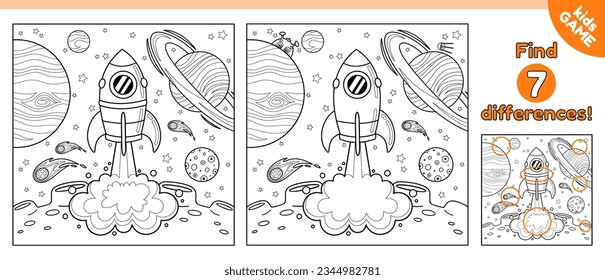 Kids game. Find differences and color picture. Coloring page on space theme. Cartoon space rocket launch. Spaceship takes off from the surface of the moon. Puzzle for children. Vector outline design.