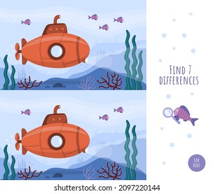 Kids game find the differences. Educational game for kids. Bright submarine with periscope underwater. Ocean bottom with fish, corals, seaweed. Colorful blue ocean landscape. Cute vector illustration.