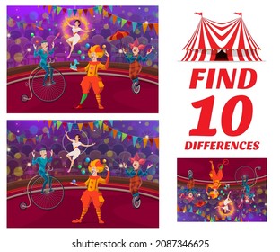 Kids game, find differences on shapito circus stage, vector puzzle. Find differences board game with cartoon funfair carnival circus clown jester or joker, acrobat and equilibrist on unicycle