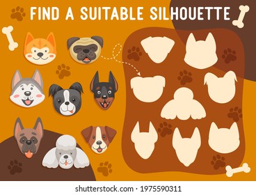 Kids game find a suitable silhouette of dog, shadow match vector boardgame with cute puppies heads. Riddle for children logic activity, preschool or kindergarten cartoon worksheet for mind development