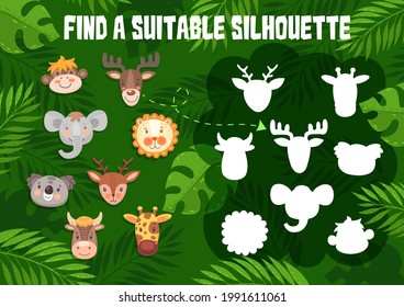 Kids game find a suitable silhouette with cute animals. Shadow match vector riddle for children logic activity with cartoon funny monkey, moose and elephant, koala, deer with giraffe and cow or bull