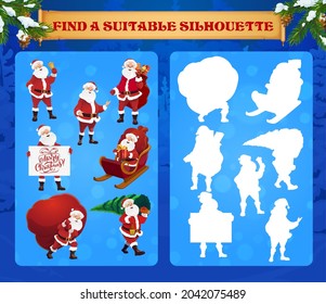 El juego para niños encuentra un acertado rompecabezas vector de silueta con el dibujo animado de Santa Claus. La lógica de la sombra de los niños encaja con el acertijo, la tarea de educación preescolar o preescolar. Hoja de cálculo de riddle, desarrollo de la mente lógica