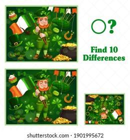 El juego infantil encuentra diez diferencias. Caricatura vectorial St Patricks día Leprechaun personaje con bandera y atributos festivos olla con oro, trébol afortunado, dulces. Actividad educativa infantil, ocio