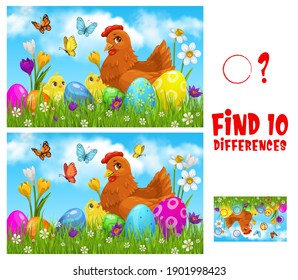 Kids game find ten differences with Easter vector cartoon chicken with cute chicks on green spring meadow with decorated eggs, flowers and butterflies. Educational children riddle, leisure activity