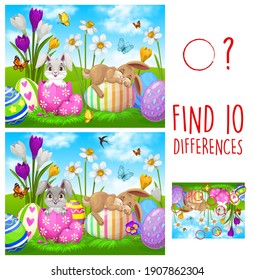 Kids game find ten differences with Easter rabbits and eggs. Vector puzzle with cute cartoon bunnies on green spring meadow with flowers and butterflies. Educational children riddle, leisure activity