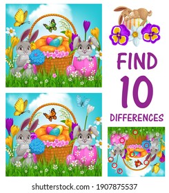 Kids game of find ten differences vector template with Easter eggs and bunnies. Logic game, puzzle or riddle of children education worksheet with Easter holiday egg hunt basket, rabbits and flowers