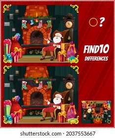 Kids game find ten differences with Santa Claus at fire place. Vector cartoon Christmas character in decorated room with gift boxes and xmas decor. Educational children riddle, task, leisure activity