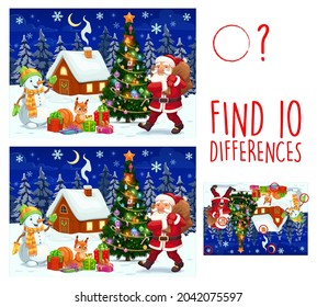 Kids game find ten differences. Vector cartoon Christmas characters Santa Claus, snowman and squirrel on snowy landscape with decorated fir tree and house. Educational children riddle leisure activity