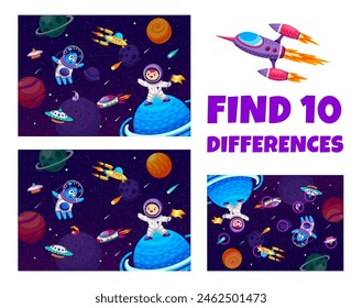 Kids game to find ten differences on galaxy space landscape, vector worksheet quiz. Find ten differences game with kid astronaut spaceman with alien UFO saucer and rocket spaceship in galaxy sky