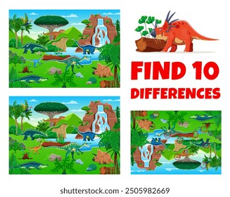 Kids game, find ten differences between prehistoric dinosaurs. Cartoon vector worksheet, educational riddle with reptile dino animals in the ancient natural landscape with lush greenery and waterfall