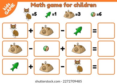 Kinderspiel. Mathematikunterricht für Kinder. Addition und Subtraktion. Arbeitsblatt für Vorschulen und Schulen. Lösen Sie Beispiele und schreiben Sie die Zahlen. Kätzchen und Katzenzubehör. Vektorgrafik.