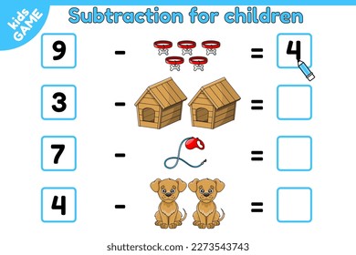 Kids game. Math education. Subtraction skills training. Count and write down the numbers. Mathematics worksheet for preschool and school children. Cartoon dog and pet accessories. Vector illustration.