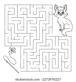 Kids game Maze. Contour Labyrinth puzzle. Help the cartoon kitten find way to the cat toy, color the picture. Page of activity book for children. Preschool and school education. Vector illustration.