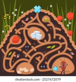Kids game maze. Help little ant find right way to sugar, cute puzzle, development and education of children, cartoon anthill, tiny creatures, childish worksheet page, vector concept