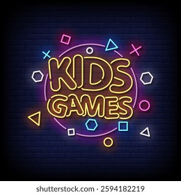kids game neon sign with brick wall background vector