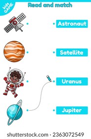 Kids game for practice reading and spelling. Read and choose relevant English words. Task for education children with cartoon african astronaut, space satellite, planets Jupiter and Uranus. Vector A4.