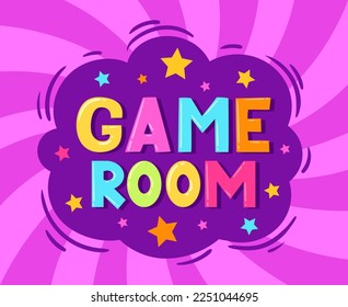 Kids game room poster. Cartoon children playroom zone, kids entertainment party club badge flat vector illustration