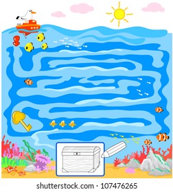 Kids game: sea maze. Can you find the way to the treasure taking the golden key?