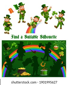 Kids game shadow match with funny leprechauns, children logic activity, preschool or kindergarten education with Patrick day character. Cartoon worksheet, find suitable silhouette riddle, logic puzzle