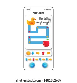 Kids game smartphone interface vector template. Mobile app page white design layout. Finding labyrinth way screen. Flat UI for application. Children early development fun phone display
